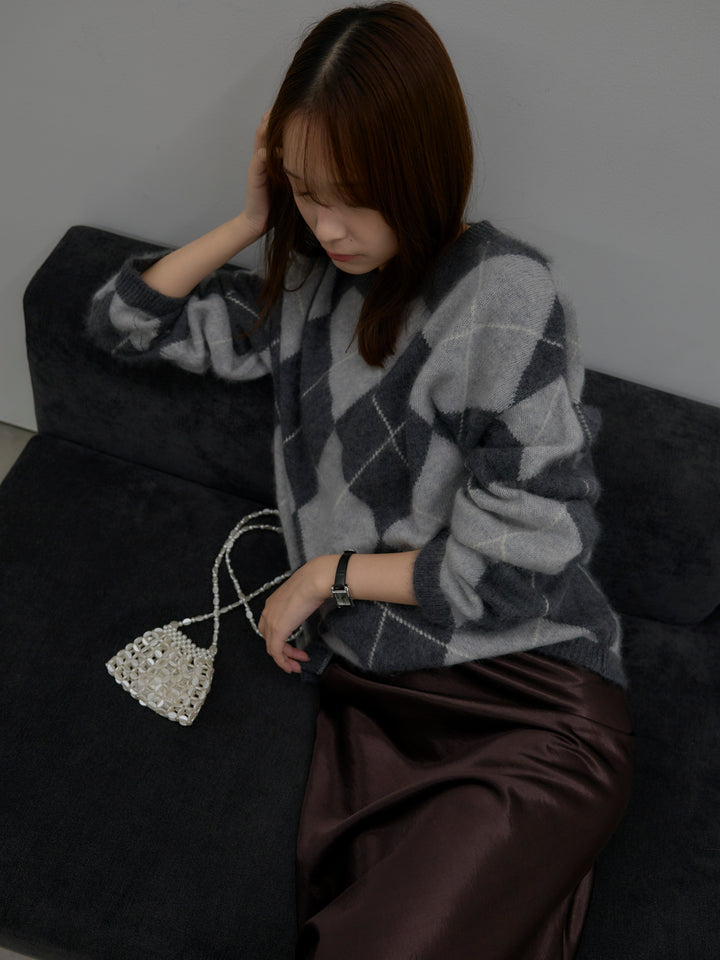 【SET】【premium touch】アーガイル柄ニットプルオーバー+ナローAラインサテンスカート(2set)