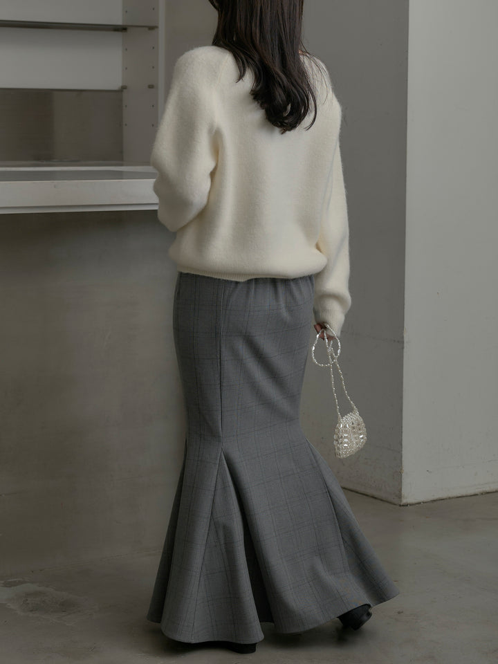 【SET】モヘアタッチVネックニットプルオーバー+【Essential】チェック柄マーメイドスカート(2set)