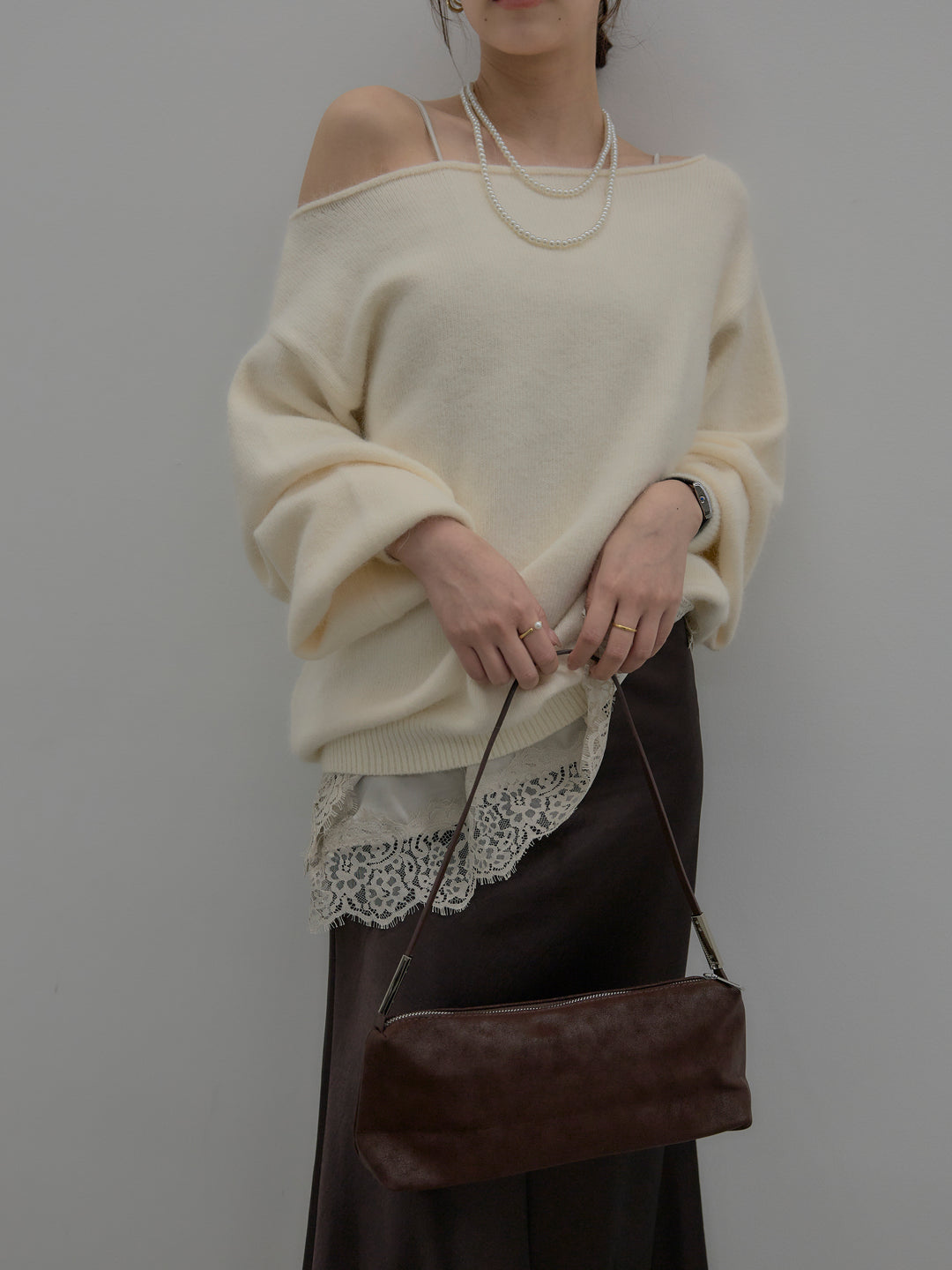 【SET】【premium touch】2wayショルダーニットプルオーバー+ナローAラインサテンスカート(2set)