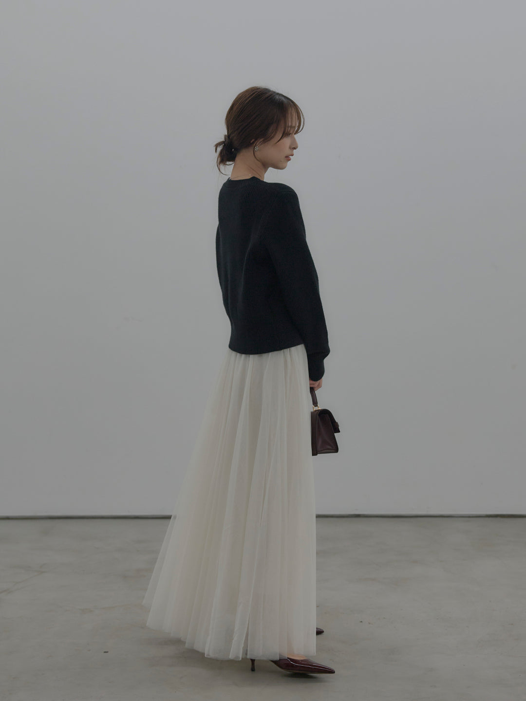 【SET】メタルボタンリブニットカーディガン+ボリュームチュールスカート(2set)