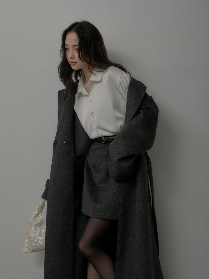 【SET】【Essential】ソフトウールリバートレンチコート+ケープ付きオーバーサテンシャツ+【Essential】ウールタッチミニスカート(3set)