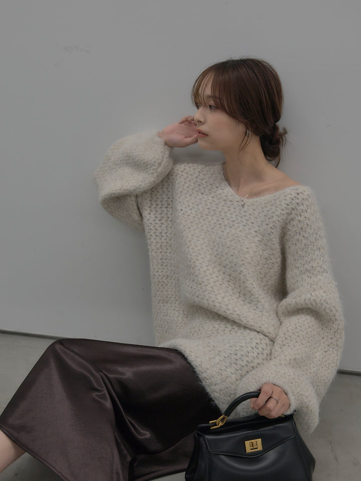 ラメ糸ローゲージ編みオーバーニットトップス