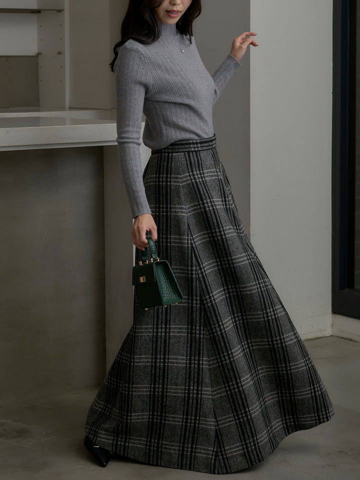【SET】リブニットタートルネック+【Essential】クラシカルチェックウールタッチスカート(2set)