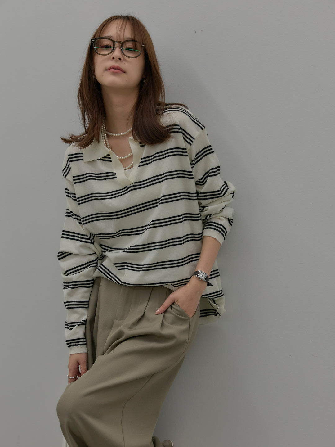 ボーダーポロ襟ニットプルオーバー