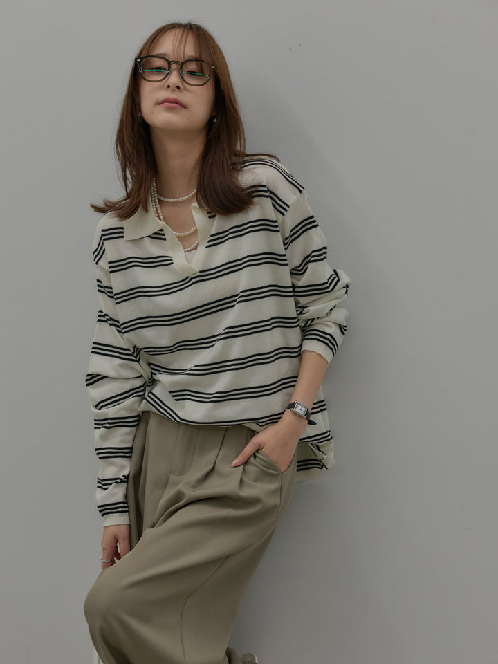 ボーダーポロ襟ニットプルオーバー