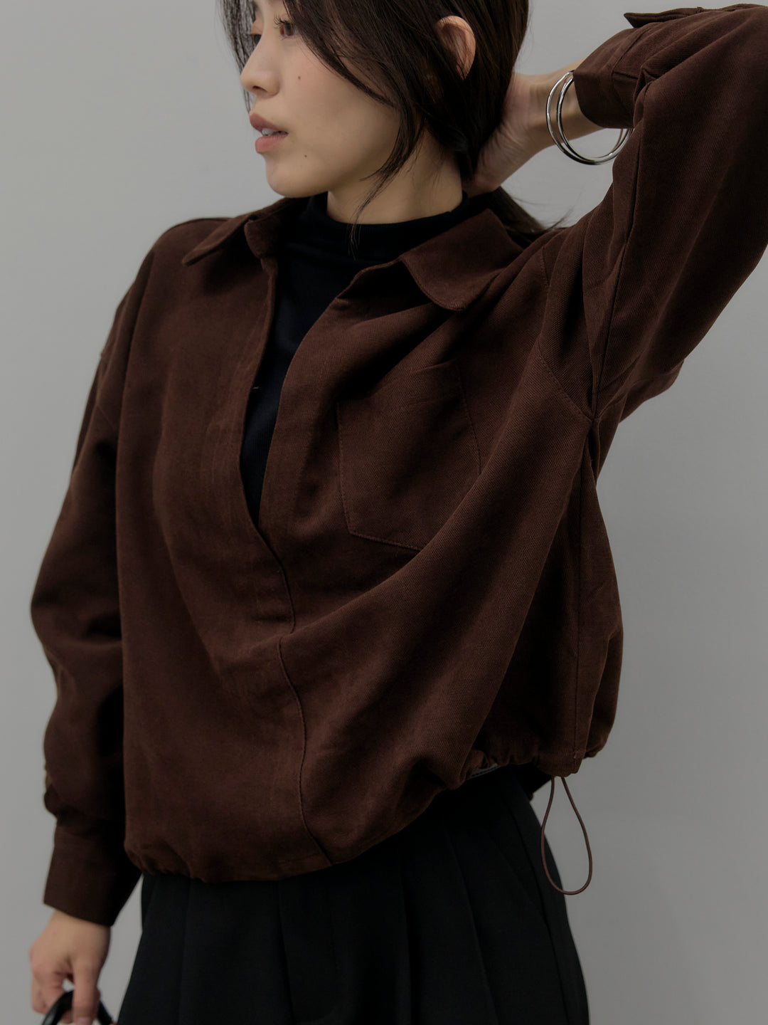 【SET】ドッキングデザイン裾ドロストスエードシャツ+デザインタックワイドパンツ(2set)