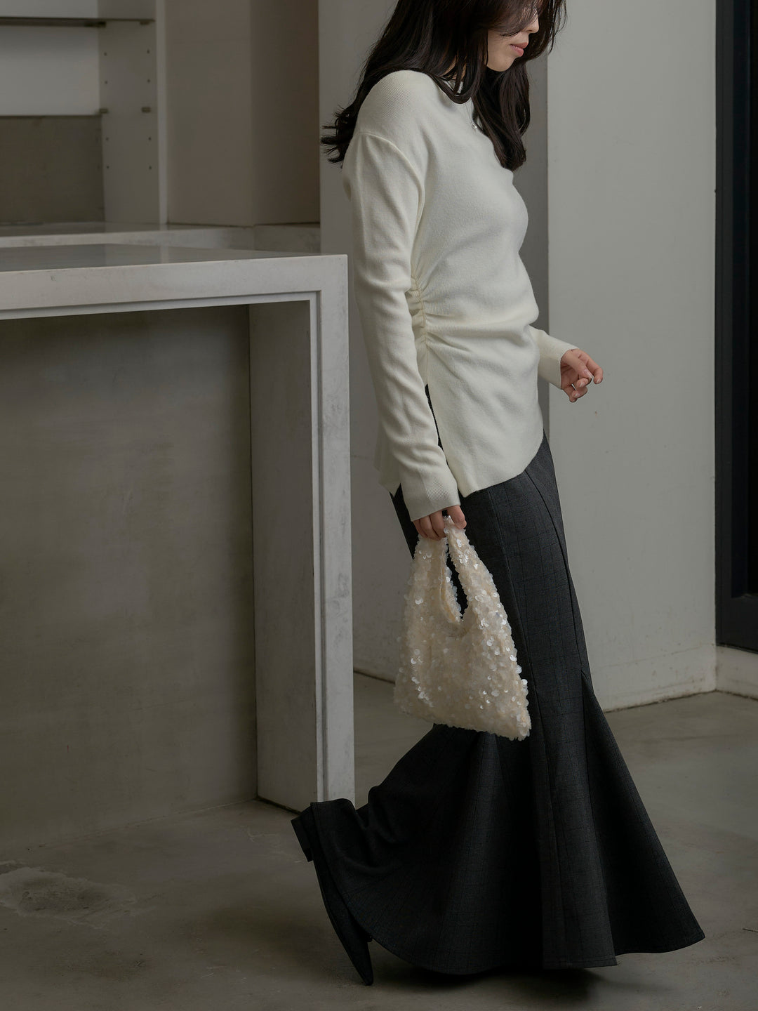 【SET】サイドスリットボートネックニットトップス+【Essential】チェック柄マーメイドスカート(2set)