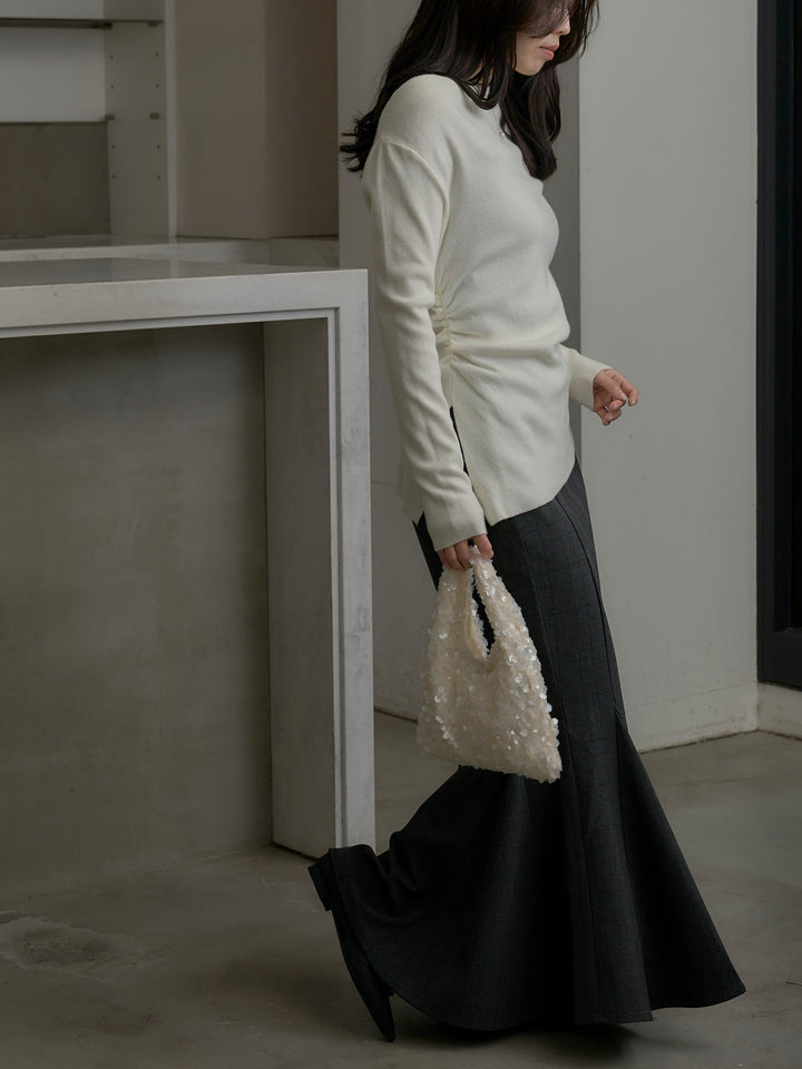 【SET】サイドスリットボートネックニットトップス+【Essential】チェック柄マーメイドスカート(2set)