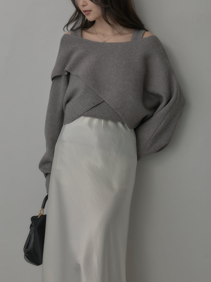 【SET】タンク付きクロスデザインニットプルオーバー+ナローAラインサテンスカート(2set)