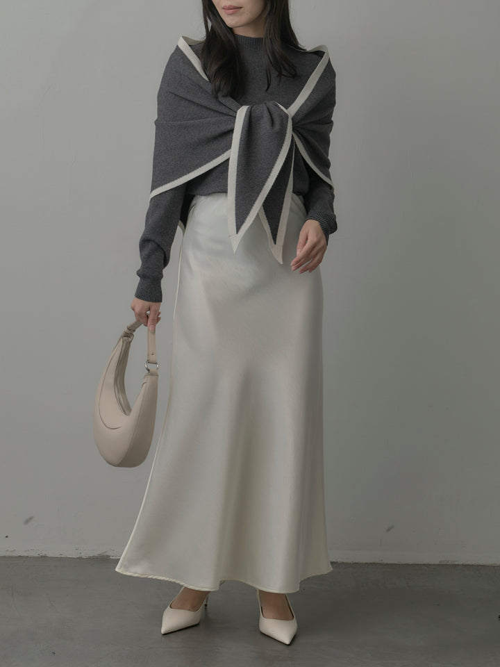 【SET】配色スカーフ付きニットトップス+ナローAラインサテンスカート(2set)