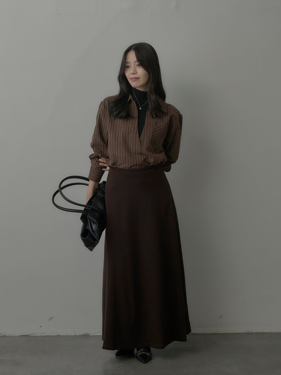 【SET】スエードタッチドッキングデザインストライプシャツ+リラクシーフレアロングスカート(2set)