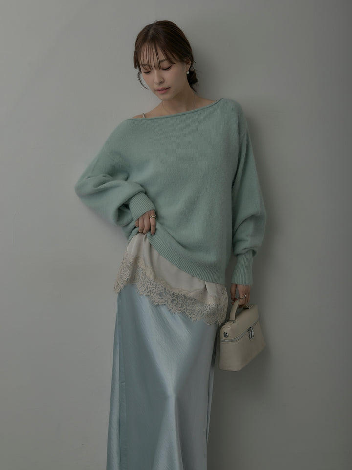【SET】【premium touch】2wayショルダーニットプルオーバー+レースサテンキャミソール+ナローAラインサテンスカート(3set)