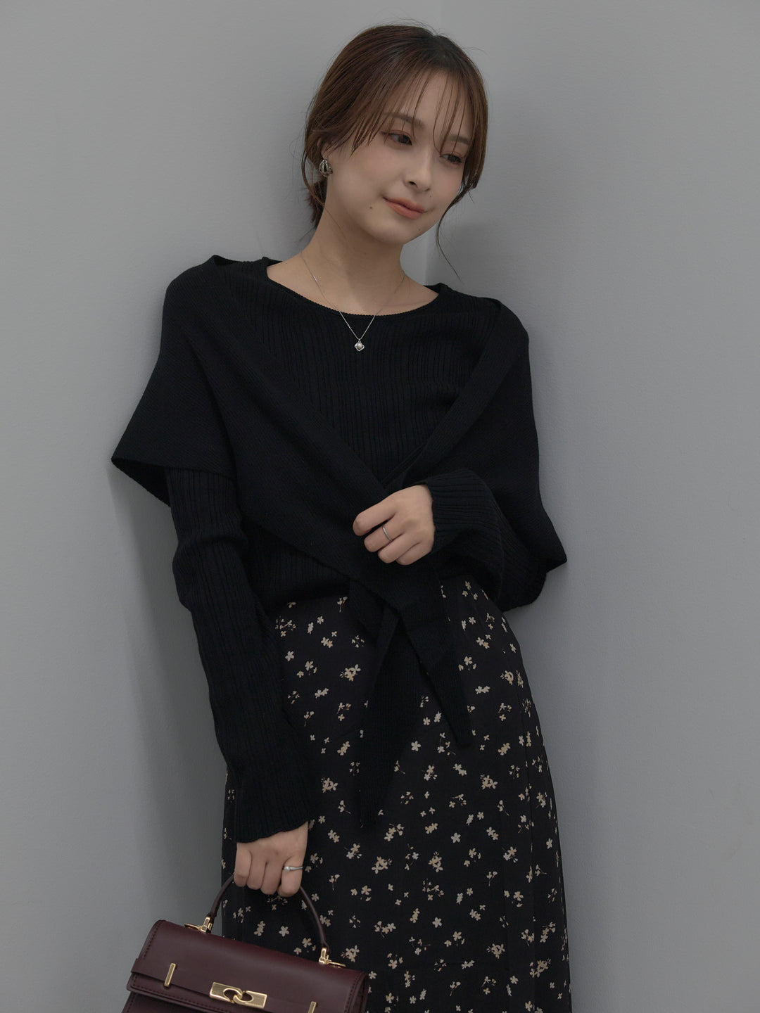 ニットスカーフ付きリブニットトップス