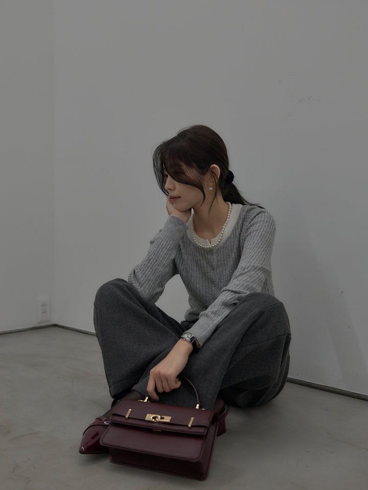 【SET】配色ケーブル編みニットトップス+裏起毛デザインワイドパンツ(2set)