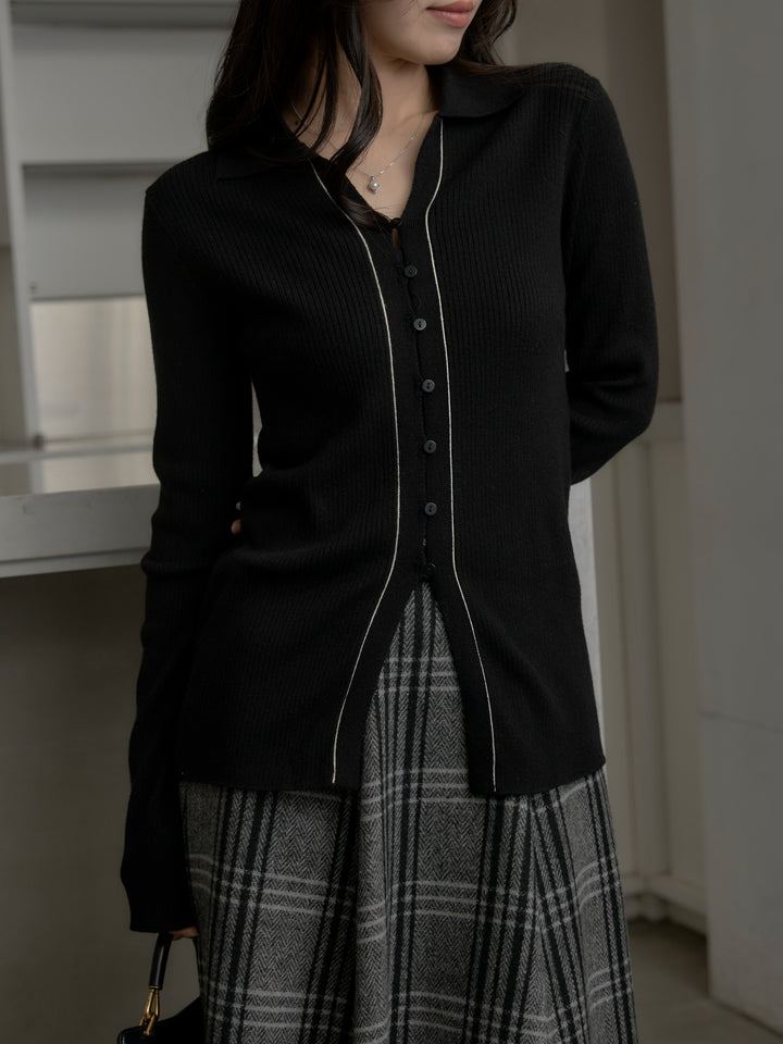 【SET】リブ配色ラインポロニットカーディガン+【Essential】クラシカルチェックウールタッチスカート(2set)