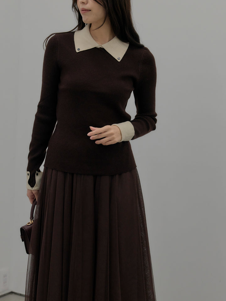 【SET】配色カフスニットポロ+ボリュームチュールスカート(2set)