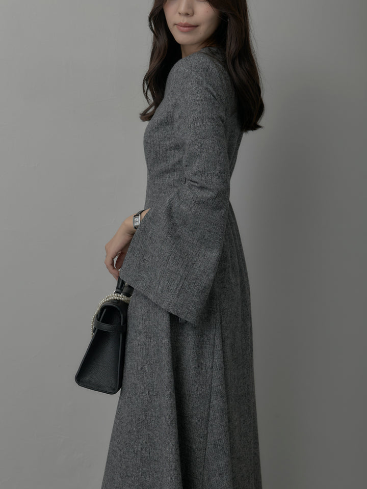 【Essential】2wayスリーブヘリンボーンフレアワンピース