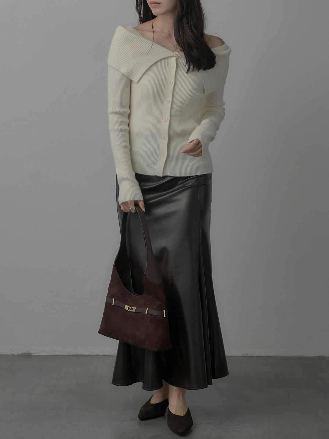 【SET】オフショルライクリブニットトップス+レザーマーメイドスカート(2set)