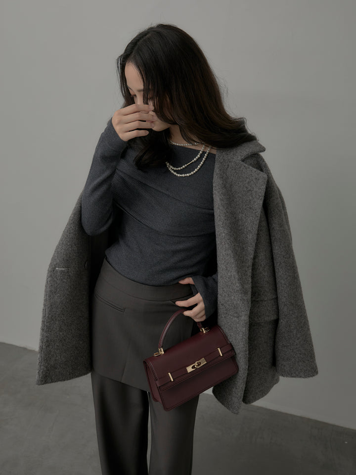 【SET】【Essential】オーバーサイズジャケットコート+オフショルリブニットトップス+ラップワイドパンツ(3set)