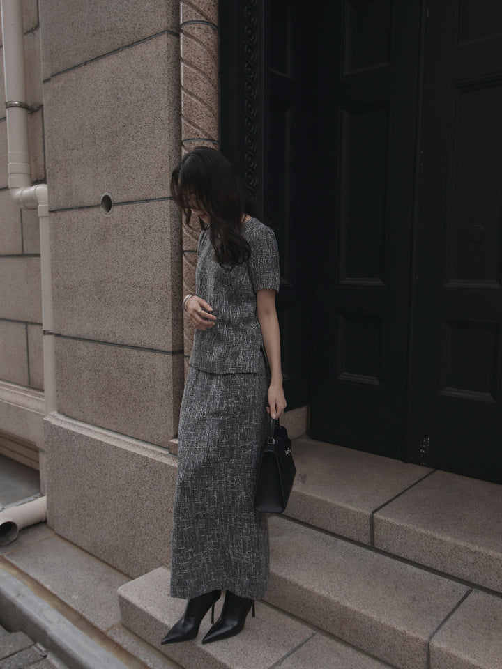 【SET】【Essential】ツイードハーフスリーブトップス+【Essential】ツイードペンシルスカート(2set)