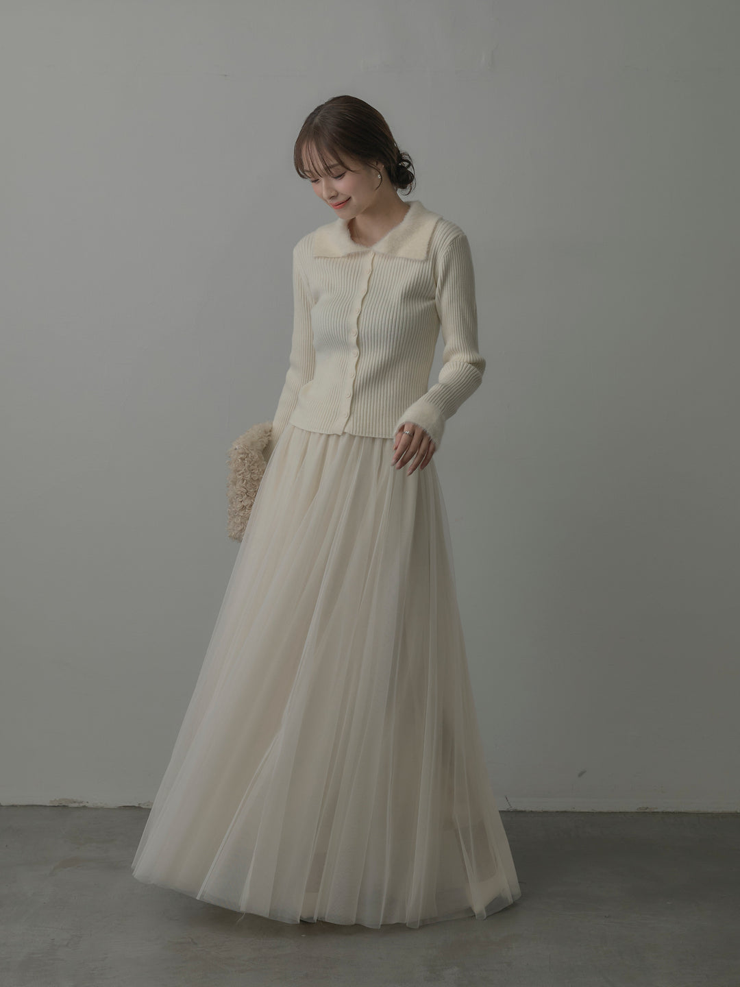 【SET】シャギー襟リブニットポロトップス+ボリュームチュールスカート(2set)