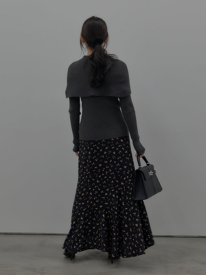 【SET】ケープライクデザインリブニットトップス+フラワーパターンマーメイドフレアスカート(2set)