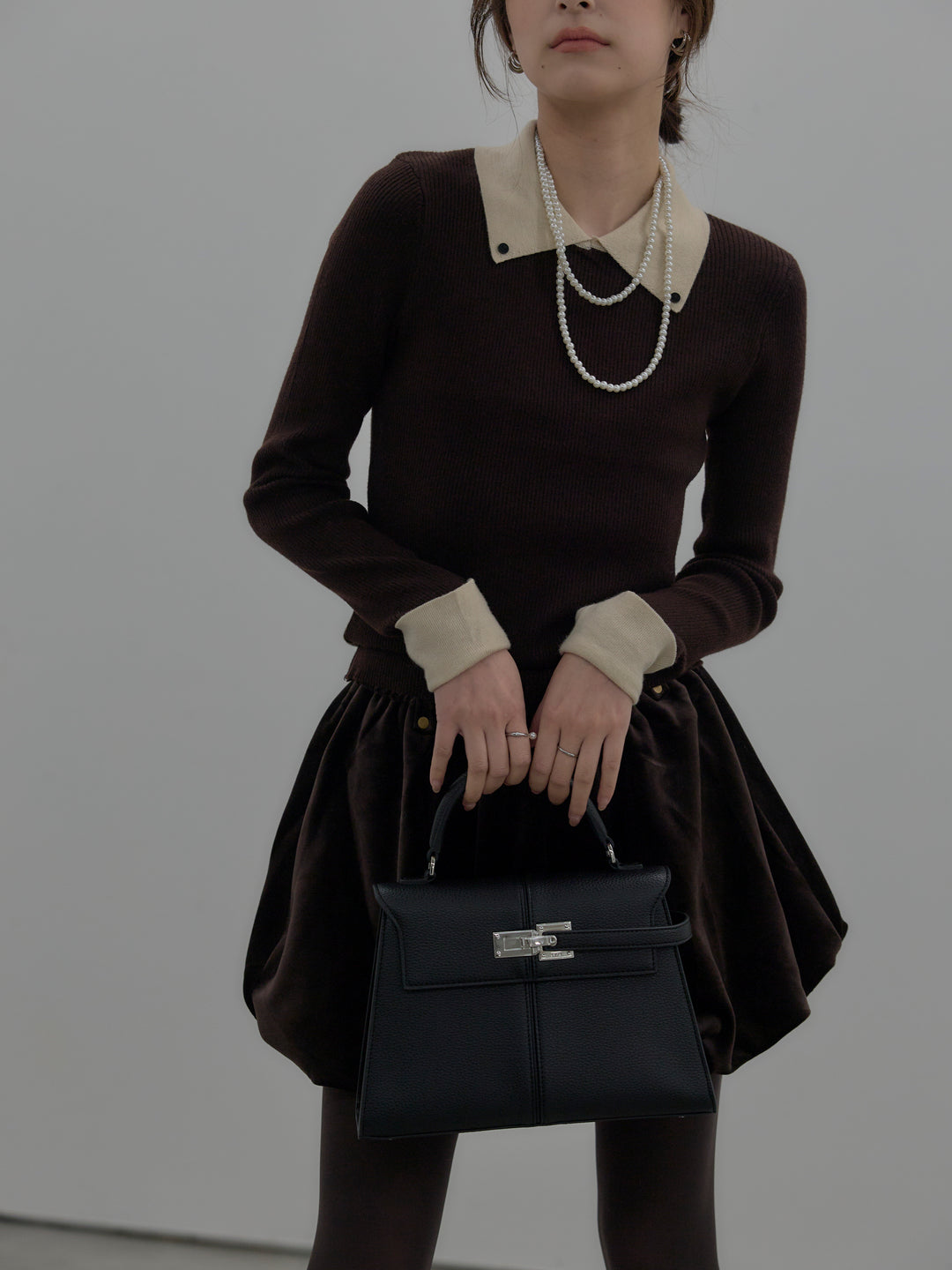 【SET】配色カフスニットポロ+ベロアバルーンミニスカート(インパン付き)(2set)