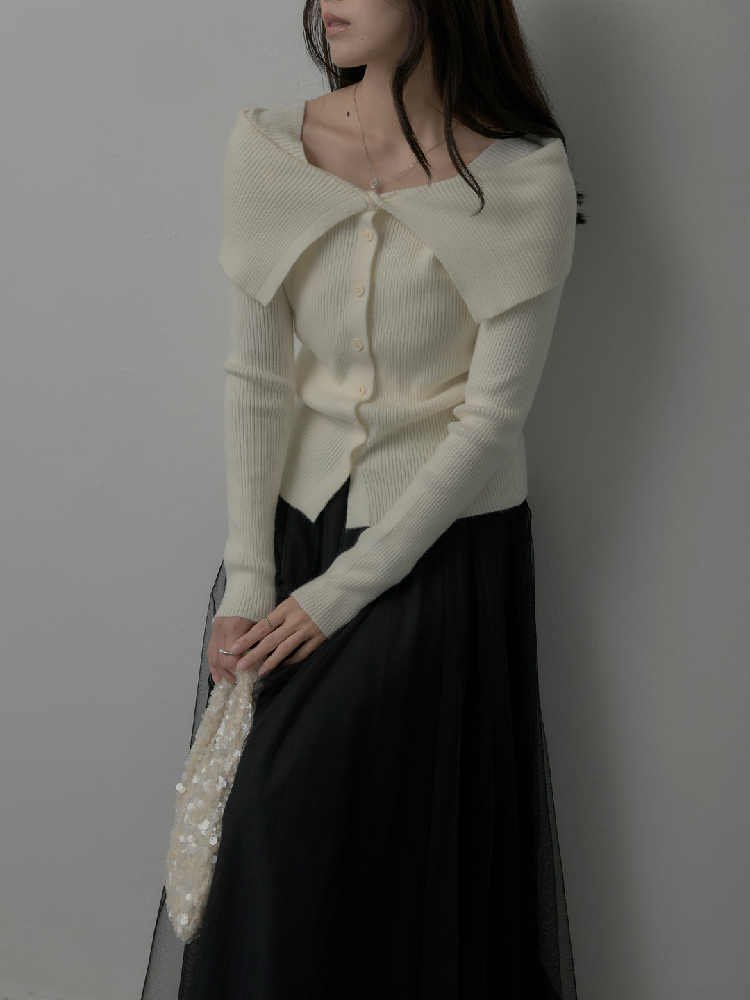 オフショルライクリブニットトップス