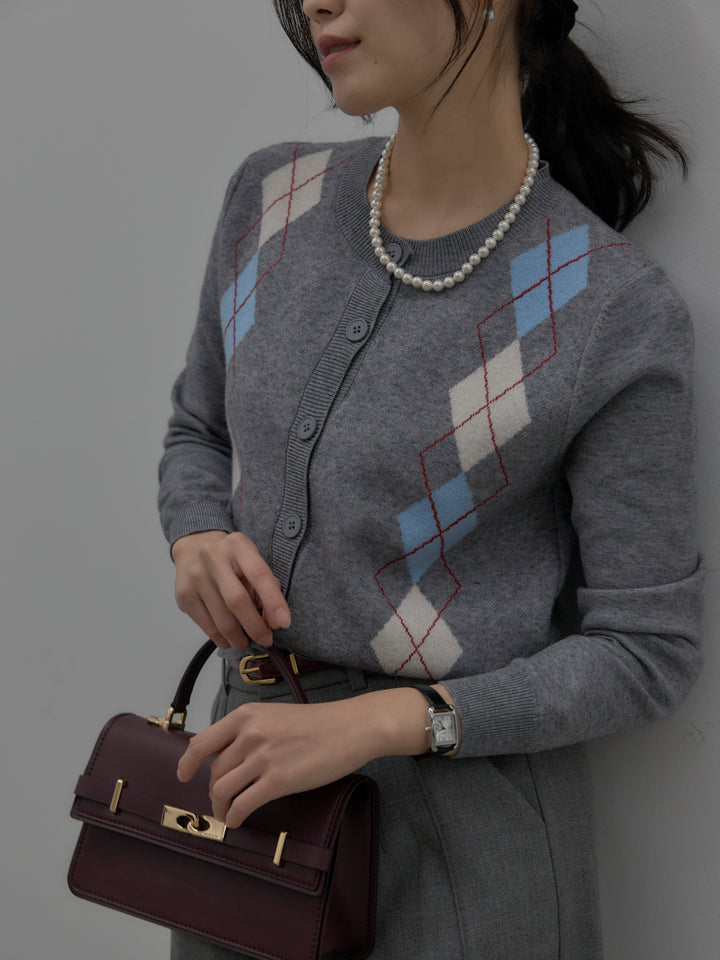 【SET】アーガイル柄ニットカーディガン+裏起毛デザインワイドパンツ(2set)