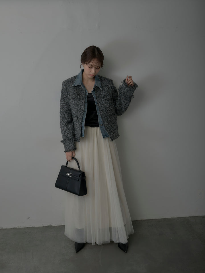 【SET】デニムドッキングオーバーサイズツイードジャケット+ボリュームチュールスカート(2set)