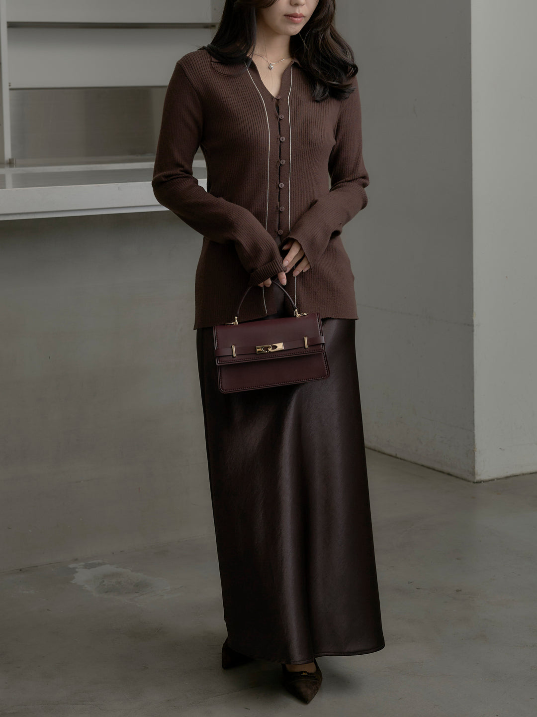 【SET】リブ配色ラインポロニットカーディガン+ナローAラインサテンスカート(2set)