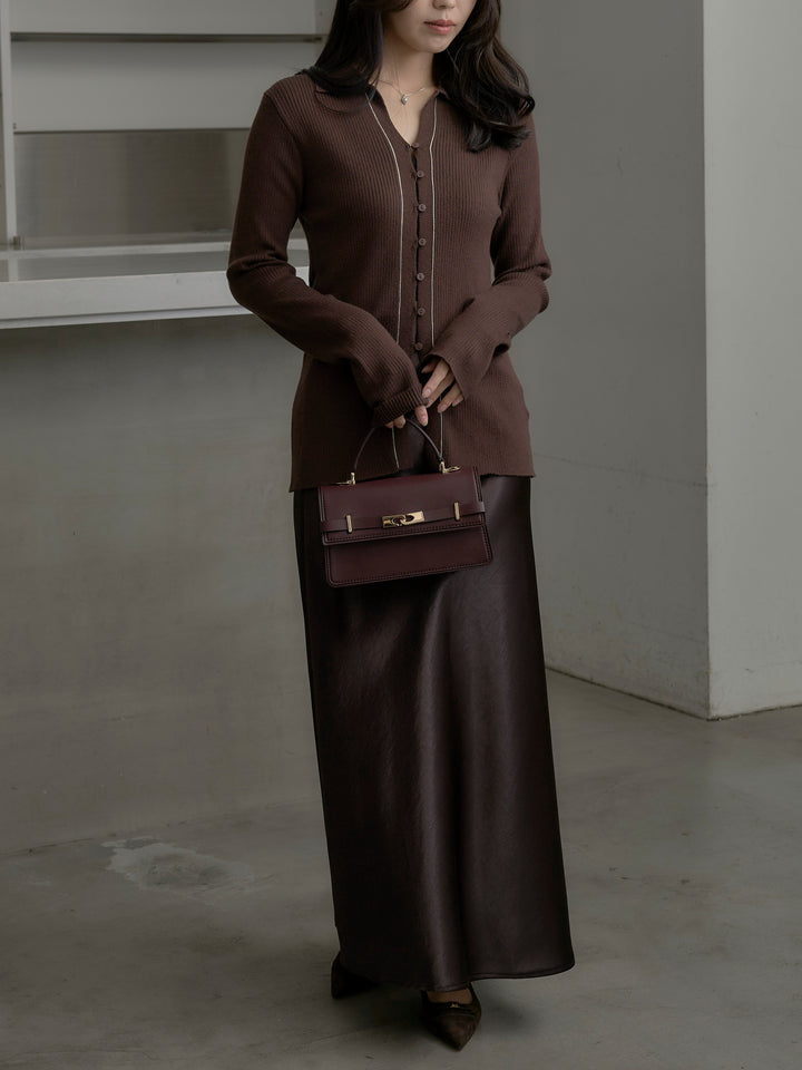 【SET】リブ配色ラインポロニットカーディガン+ナローAラインサテンスカート(2set)