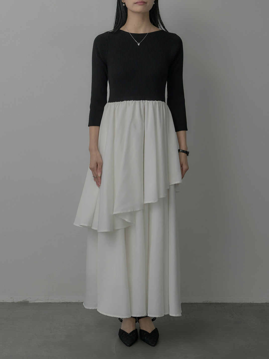 【Essential】7部袖リブドッキングワンピース