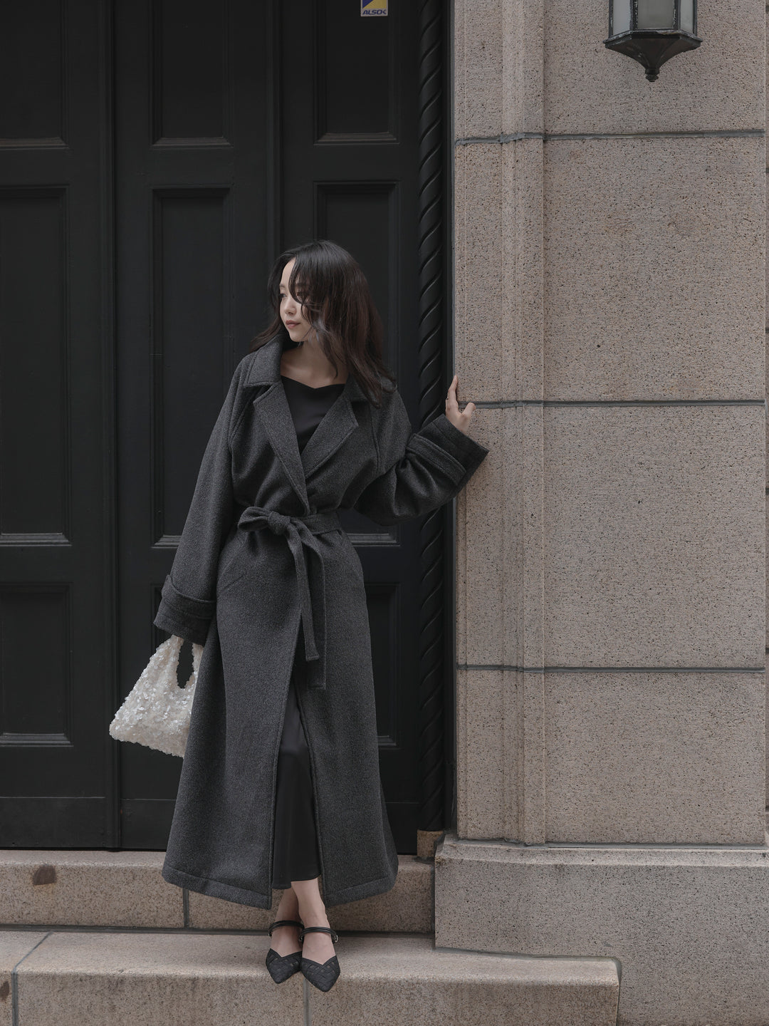 【Essential】ハートネックロングスリーブサテンワンピース