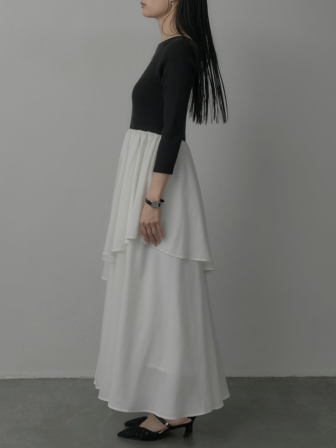 【Essential】7部袖リブドッキングワンピース