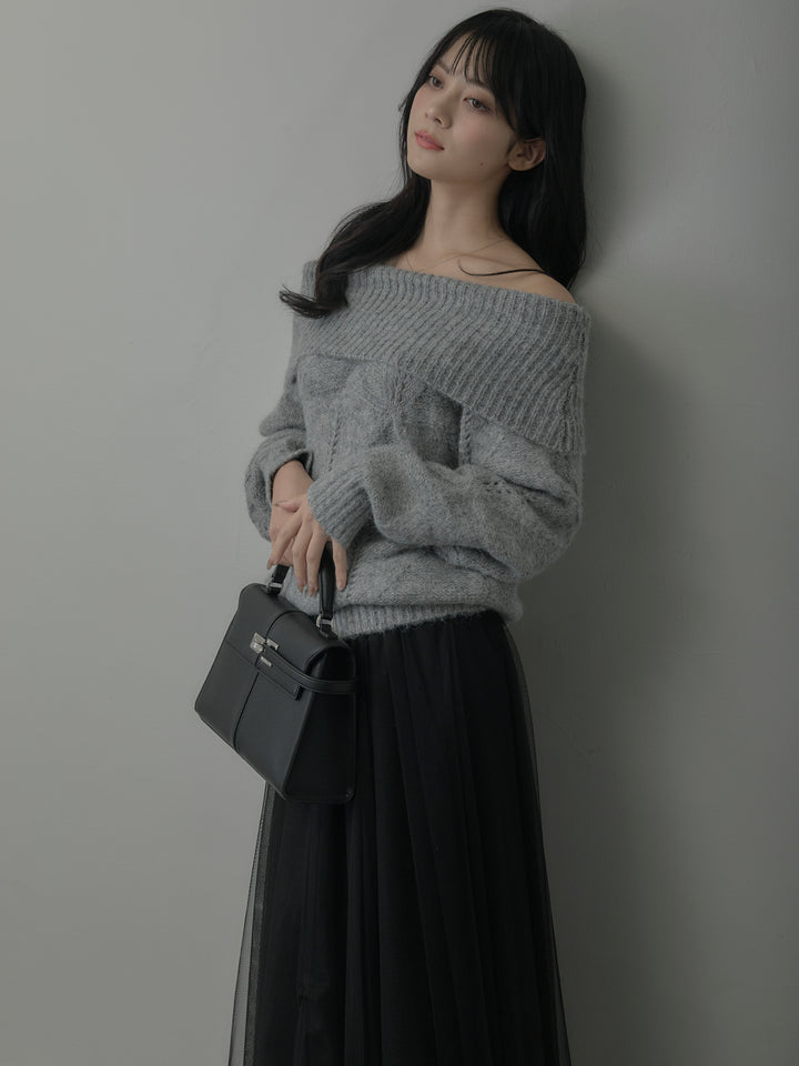 【SET】メランジニットオフショルトップス+ボリュームチュールスカート(2set)