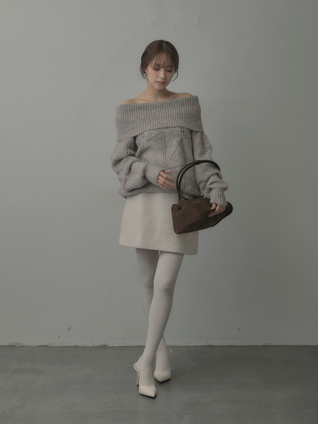 【SET】メランジニットオフショルトップス+ブークレ台形ミニスカート (2set)