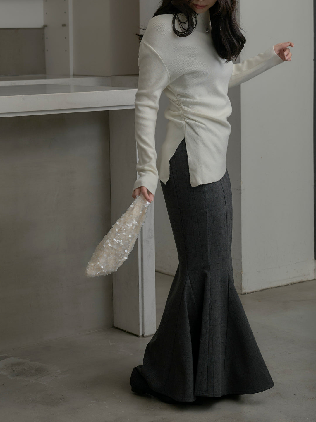 【SET】サイドスリットボートネックニットトップス+【Essential】チェック柄マーメイドスカート(2set)