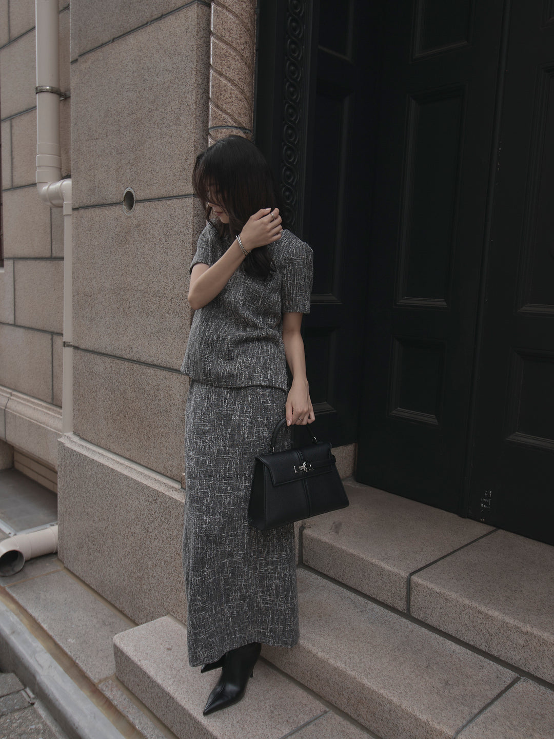 【SET】【Essential】ツイードハーフスリーブトップス+【Essential】ツイードペンシルスカート(2set)