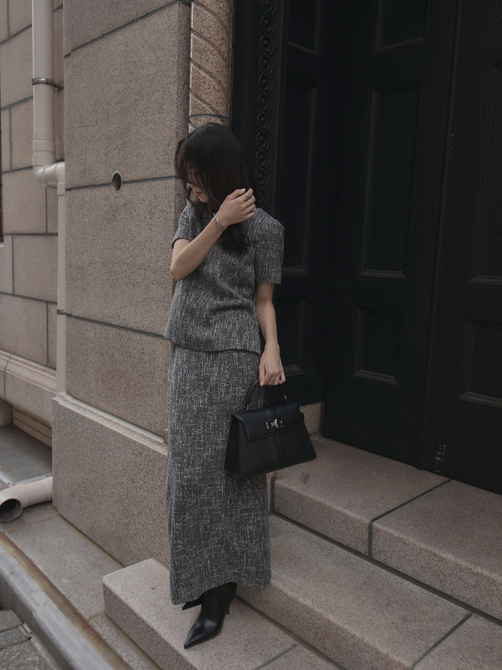 【SET】【Essential】ツイードハーフスリーブトップス+【Essential】ツイードペンシルスカート(2set)