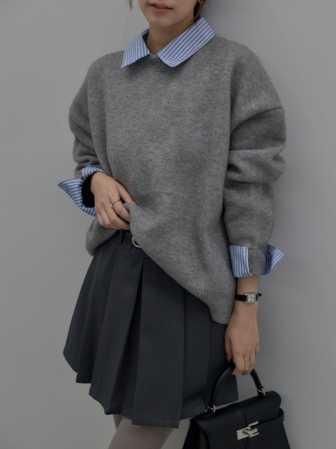 【SET】シャツドッキング肉厚ニットプルオーバー+ベルト付きプリーツミニスカート(2set)