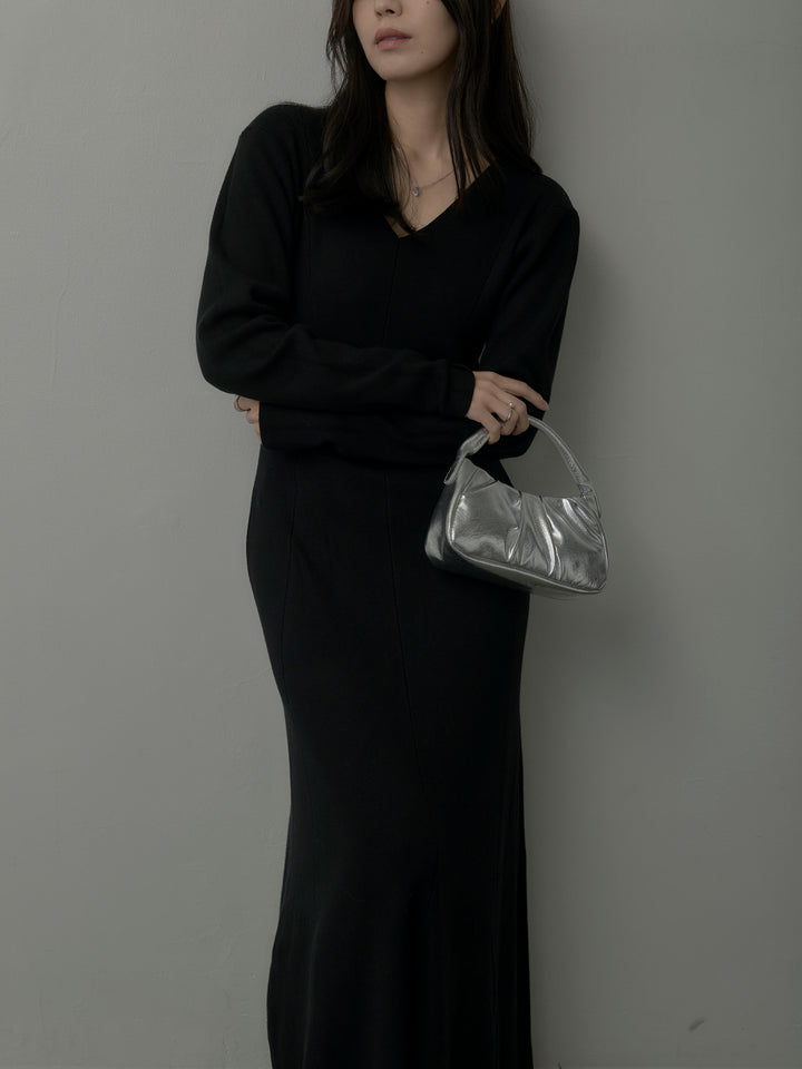 【SET】ショールカラーニットカーディガン+Vネックニットロングワンピース(2set)