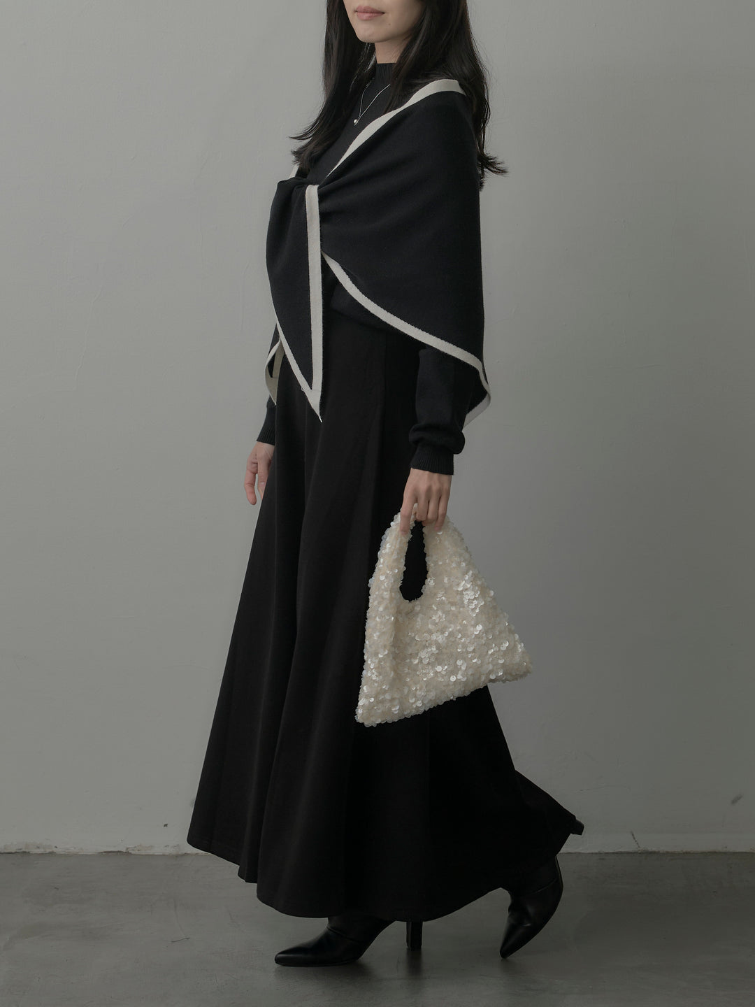 【SET】配色スカーフ付きニットトップス+リラクシーフレアロングスカート(2set)