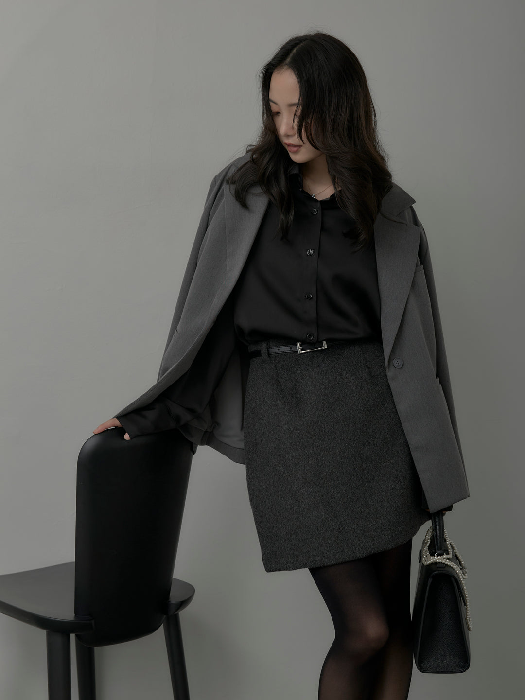 【SET】【Essential】ボックスシルエットテーラードジャケット+【Essential】ウールタッチミニスカート(2set)