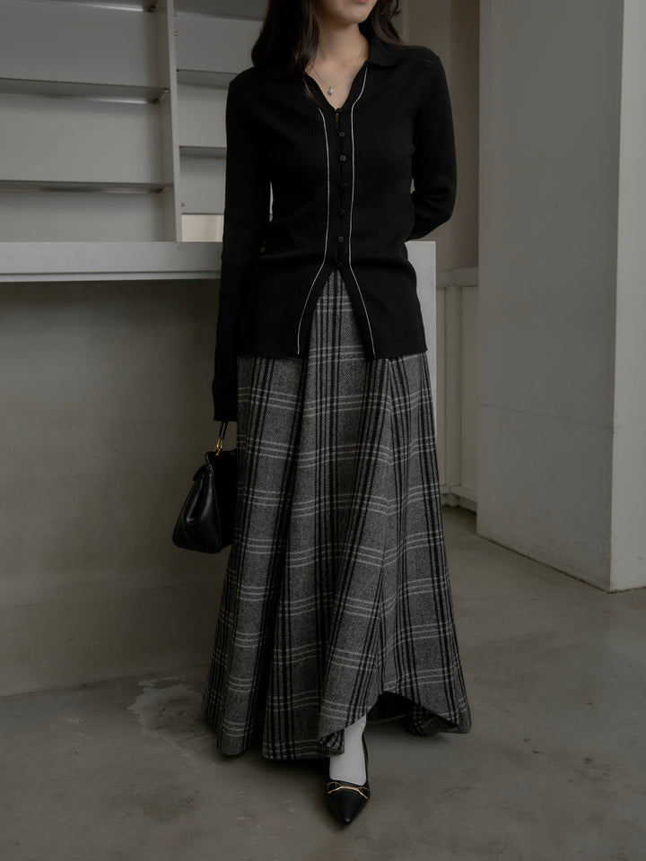 【SET】リブ配色ラインポロニットカーディガン+【Essential】クラシカルチェックウールタッチスカート(2set)