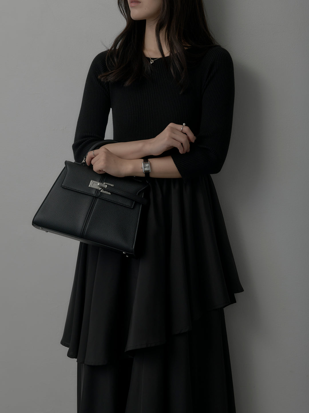 【Essential】7部袖リブドッキングワンピース