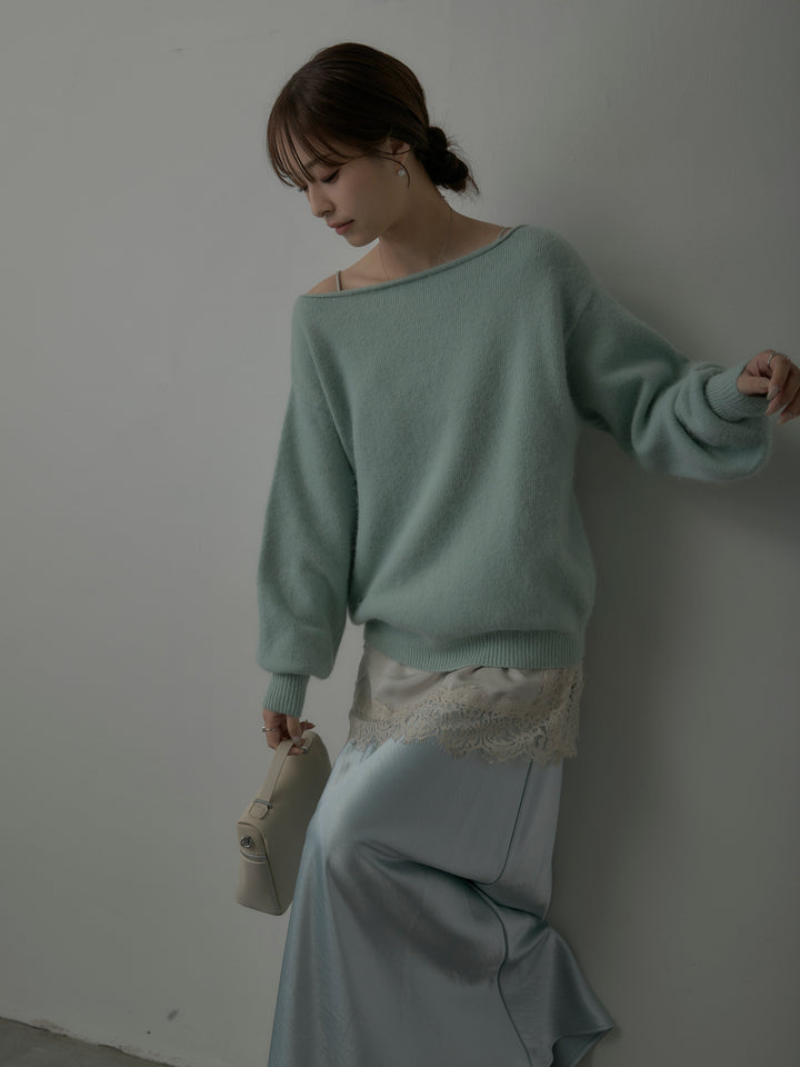 【SET】【premium touch】2wayショルダーニットプルオーバー+レースサテンキャミソール+ナローAラインサテンスカート(3set)