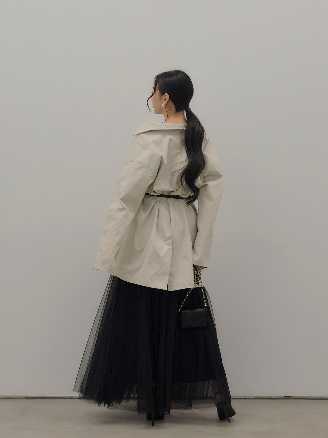 【SET】スカーフ付きステンカラーコート+ボリュームチュールスカート(2set)