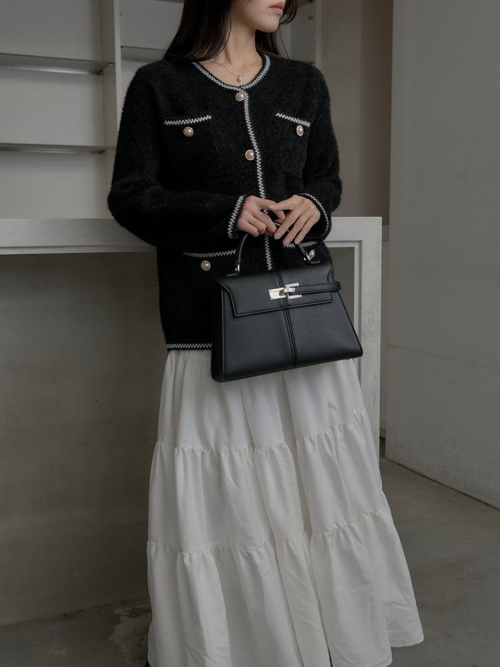 【SET】モヘアタッチパールボタンニットカーディガン+【Essential】ピーチスキンティアードスカート(2set)