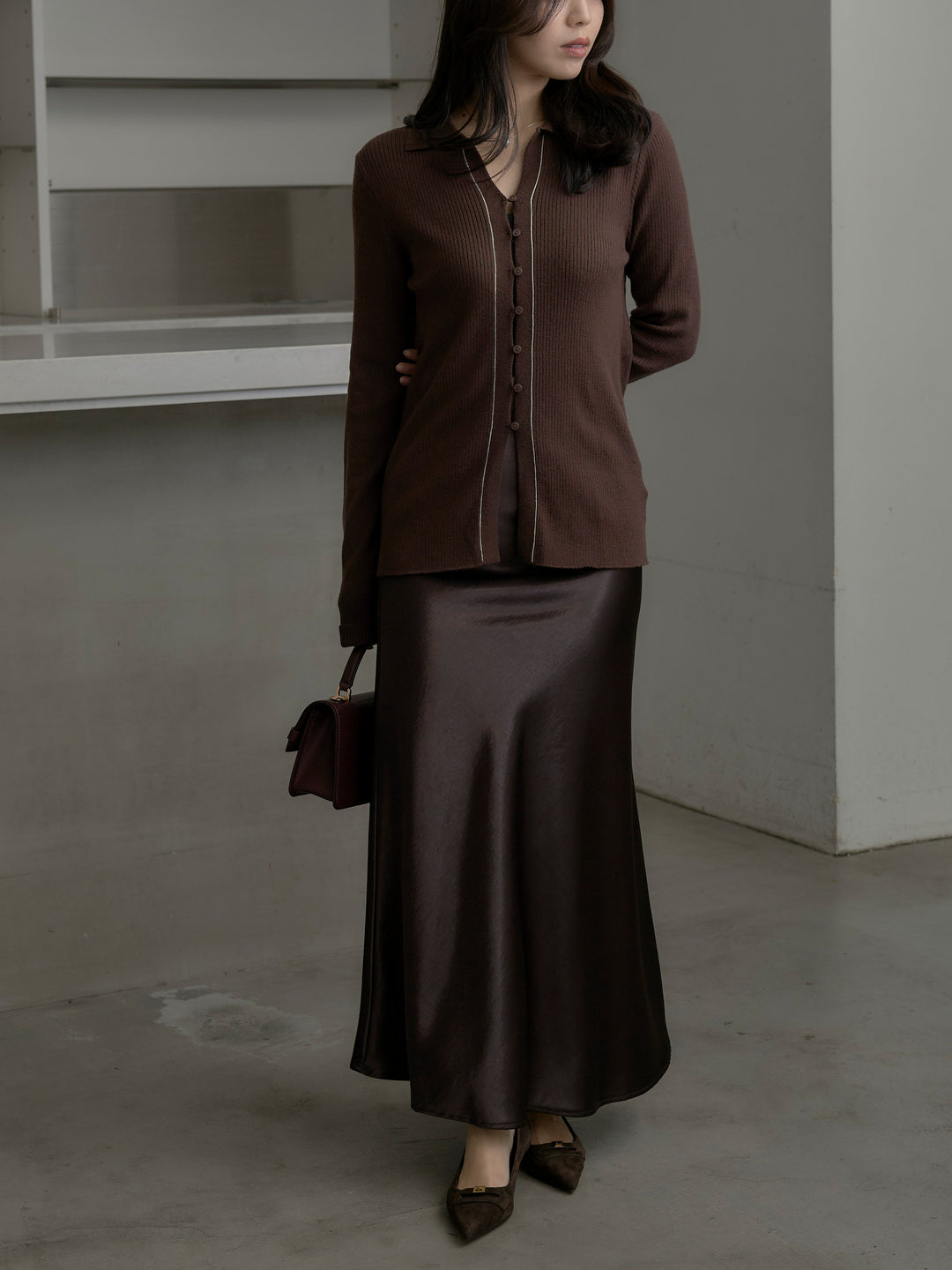 【SET】リブ配色ラインポロニットカーディガン+ナローAラインサテンスカート(2set)